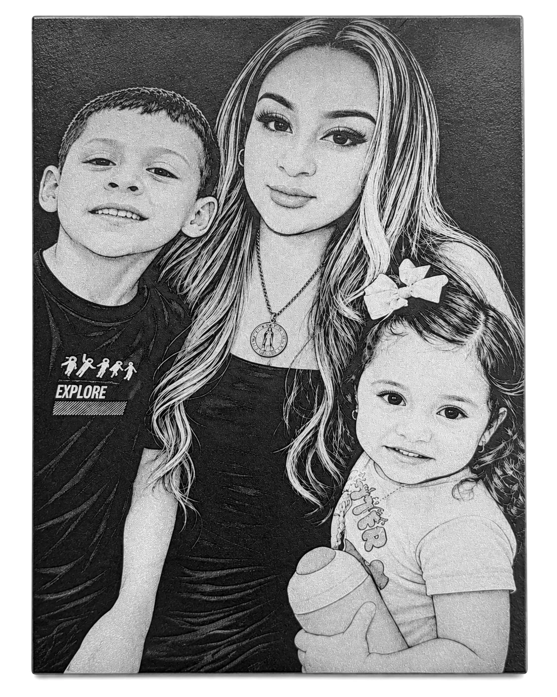 Real engraved portrait of mother and two children, without social-media interface
