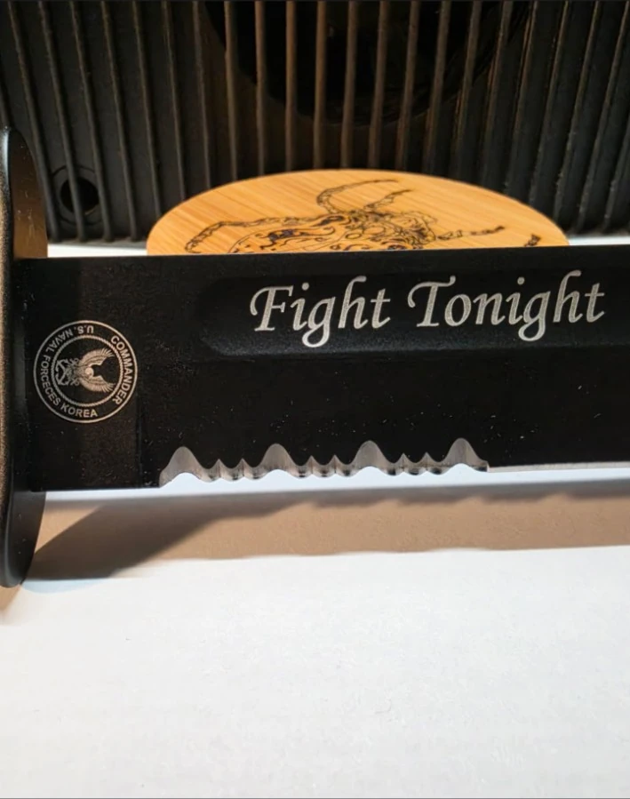 Real laser engraved military knife blade with Fight Tonight lettering and US Forces Korea insignia