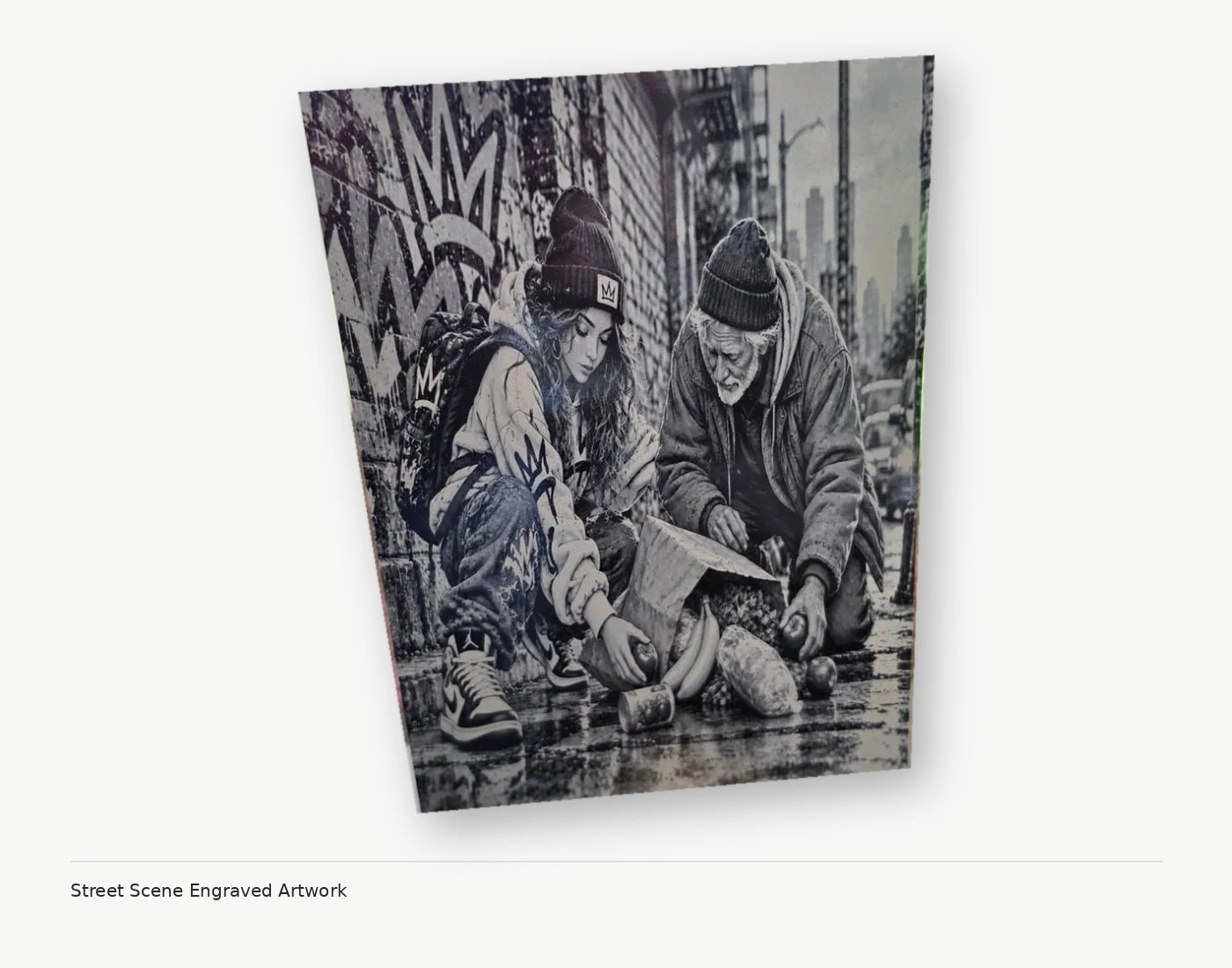 Real engraved monochrome urban street scene artwork displayed upright